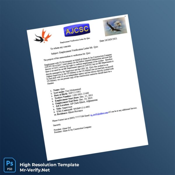 Editable Afghanistan Almar Jay Construction Company Employment Verification Letter Word and Pdf Template