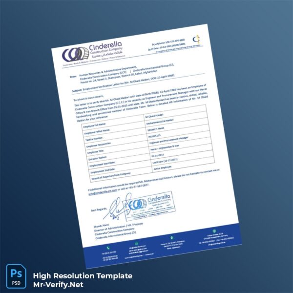 Editable Afghanistan Cinderella Construction Company Employment Verification Letter Word and Pdf Template