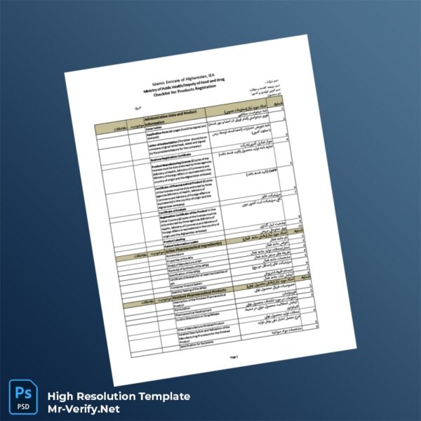 Editable Afghanistan Ministry of Public Health Product Registration Checklist Word and Pdf Template 2 page