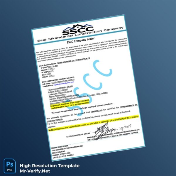 Editable Afghanistan SSCC Employment Verification Letter Word and Pdf Template Editable Afghanistan SSCC Employment Verification Letter Word and Pdf Template