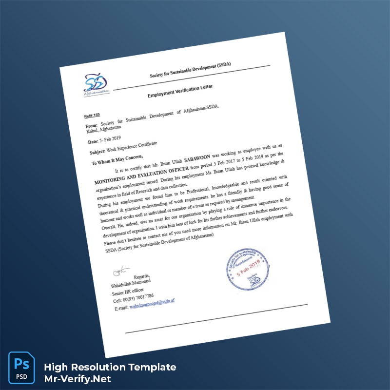 Editable Afghanistan Society for Sustainable Development Employment Verification Letter Word and Pdf Template 2 page Editable Afghanistan Society for Sustainable Development Employment Verification Letter Word and Pdf Template 2 page