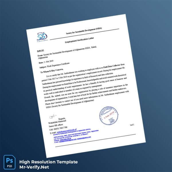 Editable Afghanistan Society for Sustainable Development Employment Verification Letter Word and Pdf Template