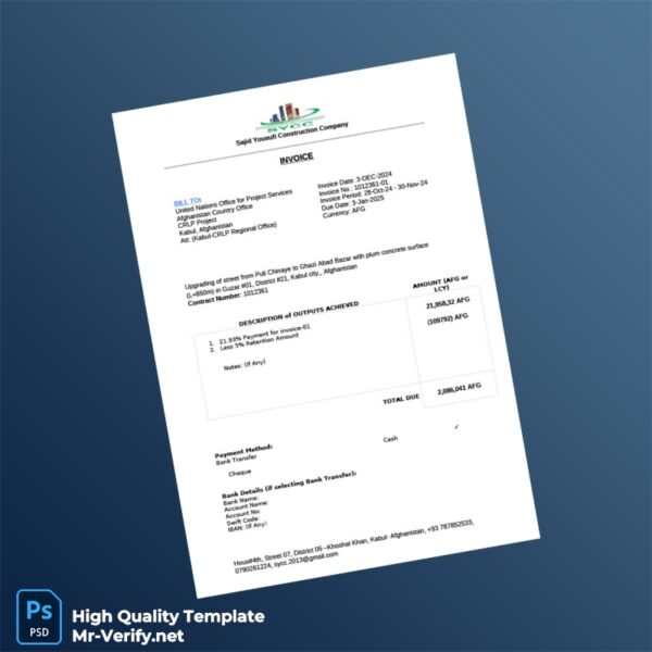 Afghanistan United Nations Office for Project Services Invoice Template in Word and PDF formats