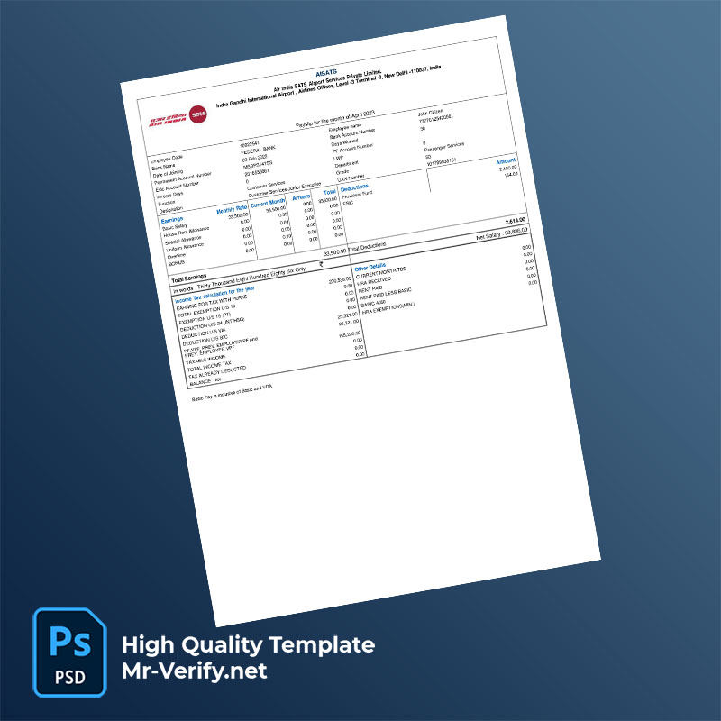 Air India SATS Airport Services Private Limited payslip word and pdf template Air India SATS Airport Services Private Limited payslip word and pdf template