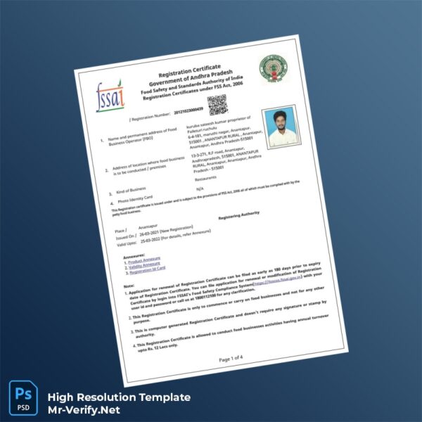 Editable Andhra Pradesh Food Safety and Standards Authority Registration Certificate Word and Pdf Template 4 page Editable Andhra Pradesh Food Safety and Standards Authority Registration Certificate Word and Pdf Template 4 page