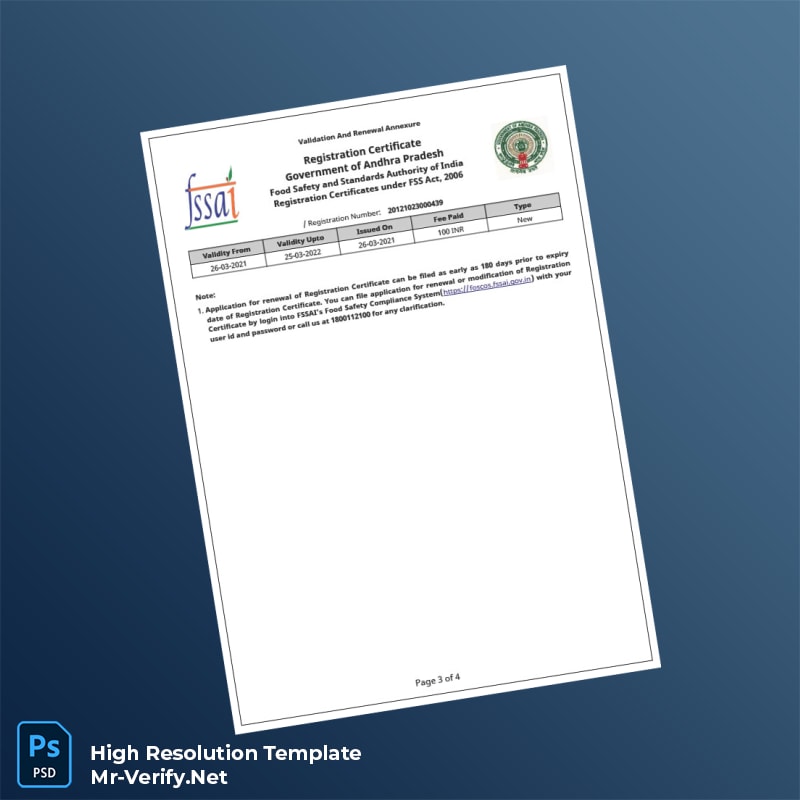 Editable Andhra Pradesh Food Safety and Standards Authority Registration Certificate Word and Pdf Template 4 page Editable Andhra Pradesh Food Safety and Standards Authority Registration Certificate Word and Pdf Template 4 page