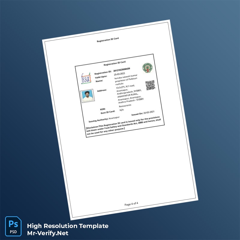 Editable Andhra Pradesh Food Safety and Standards Authority Registration Certificate Word and Pdf Template 4 page Editable Andhra Pradesh Food Safety and Standards Authority Registration Certificate Word and Pdf Template 4 page