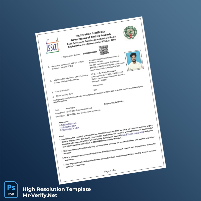 Editable Andhra Pradesh Food Safety and Standards Authority Registration Certificate Word and Pdf Template 4 page Editable Andhra Pradesh Food Safety and Standards Authority Registration Certificate Word and Pdf Template 4 page