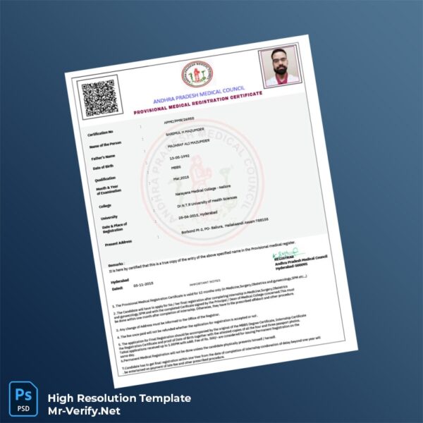 Editable Andhra Pradesh Medical Council Provisional Medical Registration Certificate Word and Pdf Template