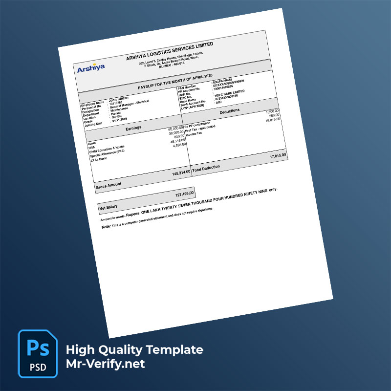 Arshiya Logistics Services Limited payslip word and pdf template Arshiya Logistics Services Limited payslip word and pdf template