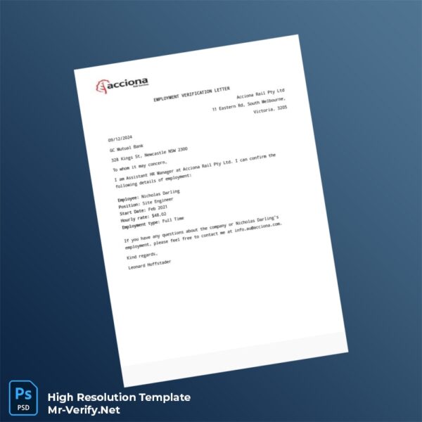 Editable Australia Acciona Rail Pty Ltd Employment Verification Letter Word and Pdf Template