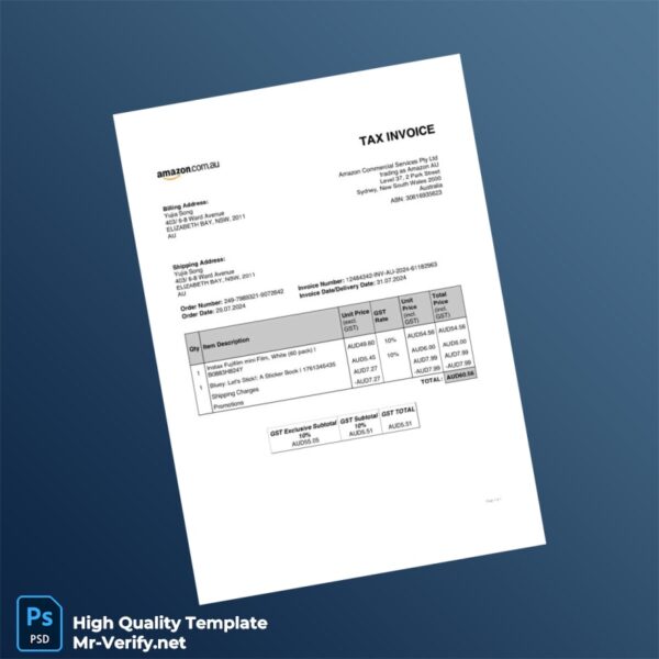 Australia Amazon Commercial Services Pty Ltd Tax Invoice Template in Word and PDF formats 2 page
