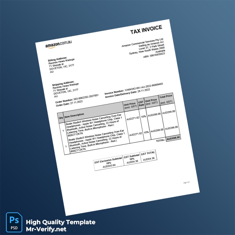 Australia Amazon Commercial Services Tax Invoice Template in Word and PDF formats Australia Amazon Commercial Services Tax Invoice Template in Word and PDF formats