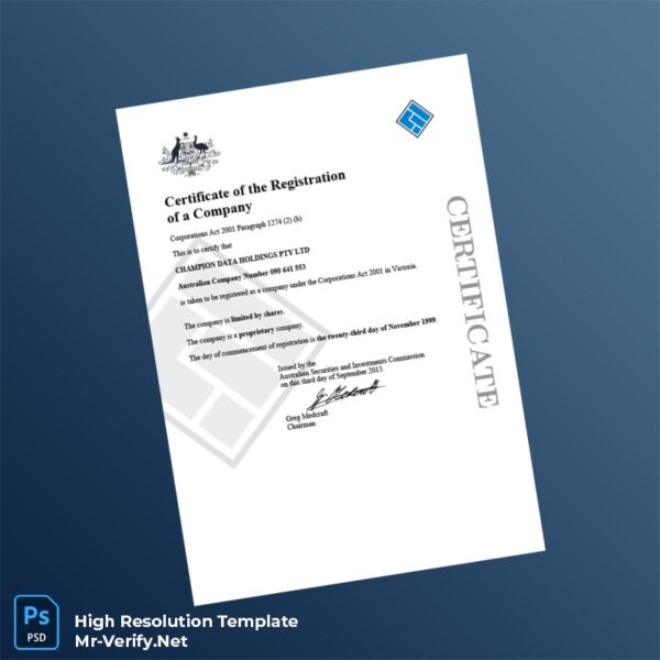 Editable Australia Australian Securities and Investments Commission Company Registration Certificate Word and Pdf Template Editable Australia Australian Securities and Investments Commission Company Registration Certificate Word and Pdf Template