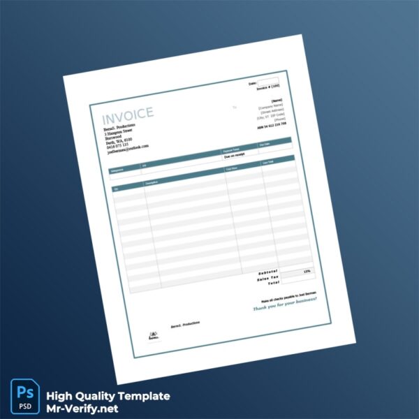 Australia BermS Productions Invoice Template in Word and PDF formats