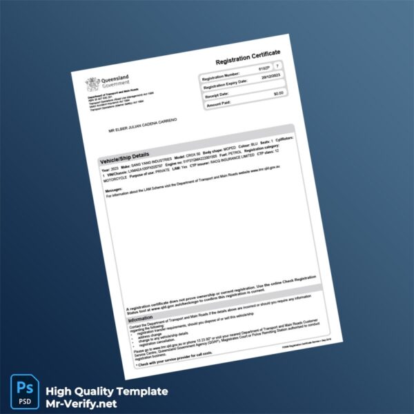 Australia Department of Transport and Main Roads Editable Registration Certificate Template in Word and PDF formats