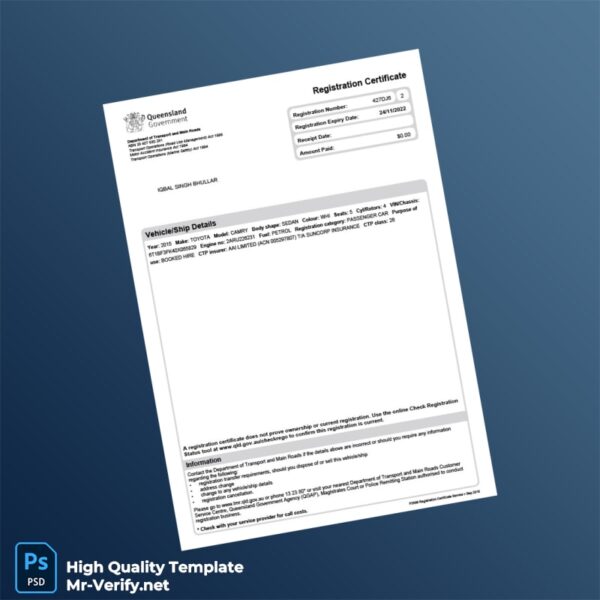 Australia Editable Vehicle Registration Certificate Template in Word and PDF formats