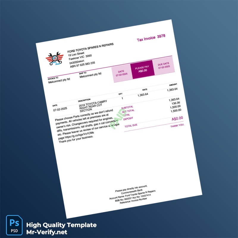 Australia Ford Toyota Spares N Repairs Tax Invoice Template in Word and PDF formats Australia Ford Toyota Spares N Repairs Tax Invoice Template in Word and PDF formats