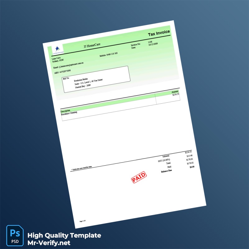 Australia JJ HomeCare Invoice Template in Word and PDF formats Australia JJ HomeCare Invoice Template in Word and PDF formats