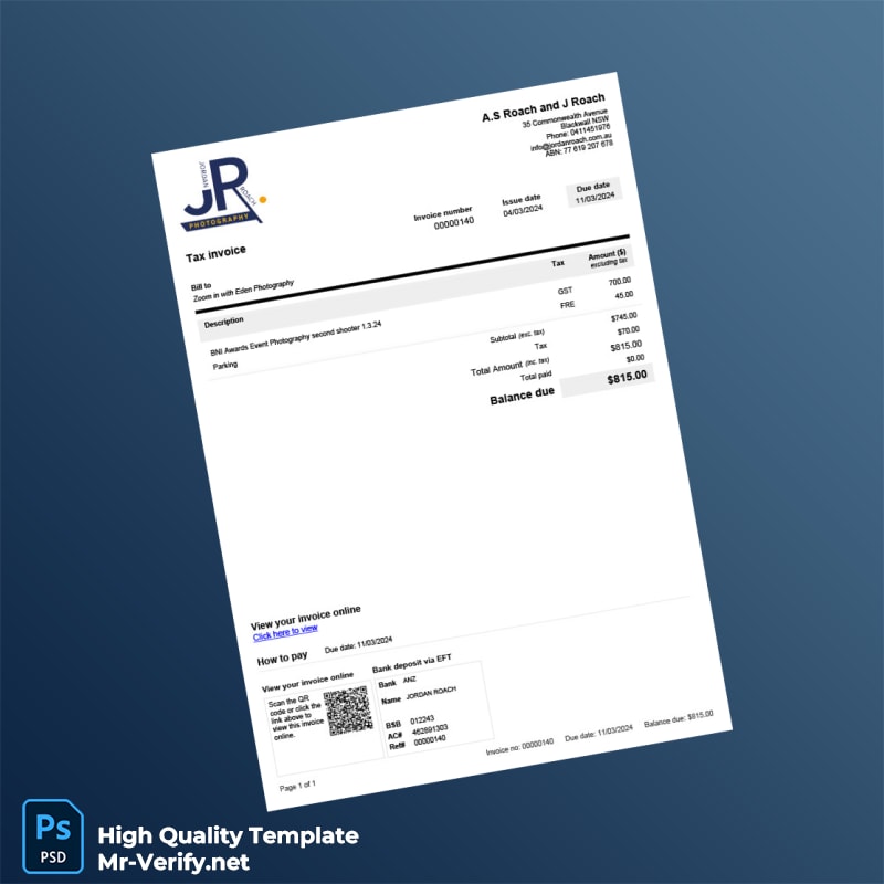 Australia Jordan Roach Photography Invoice Template in Word and PDF formats Australia Jordan Roach Photography Invoice Template in Word and PDF formats