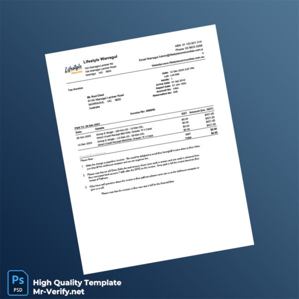 Australia Lifestyle Communities Tax Invoice Template in Word and PDF formats