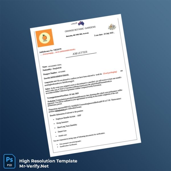 Editable Australia Orange Botanic Gardens Employment Verification Letter Word and Pdf Template 3 page