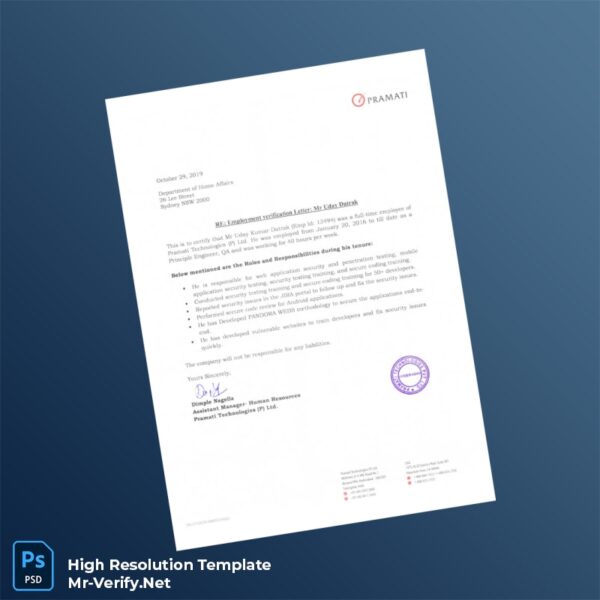 Editable Australia Pramati Technologies Employment Verification Letter Word and Pdf Template
