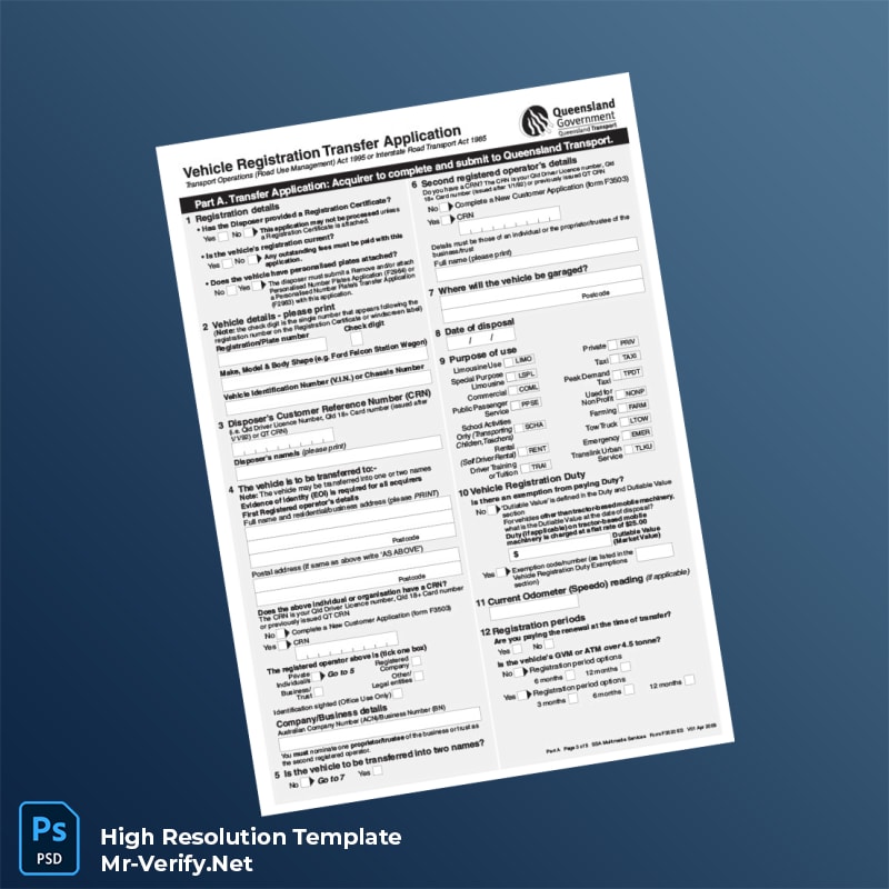 Editable Australia Queensland Vehicle Registration Transfer Application Word and Pdf Template 5 page Editable Australia Queensland Vehicle Registration Transfer Application Word and Pdf Template 5 page