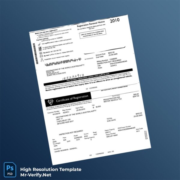 Australia RTA Vehicle Registration Renewal Notice Word and Pdf Template 2 page Australia RTA Vehicle Registration Renewal Notice Word and Pdf Template 2 page