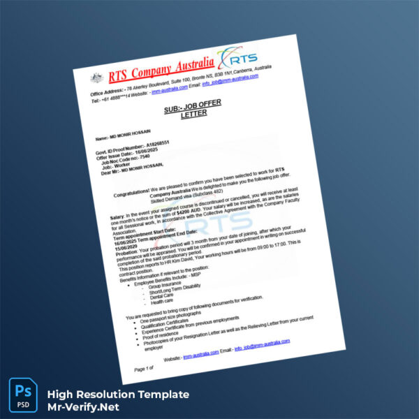 Editable Australia RTS Company Employment Confirmation Letter Word and Pdf Template 3 page