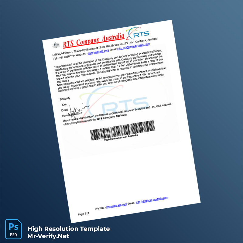 Editable Australia RTS Company Employment Confirmation Letter Word and Pdf Template 3 page Editable Australia RTS Company Employment Confirmation Letter Word and Pdf Template 3 page