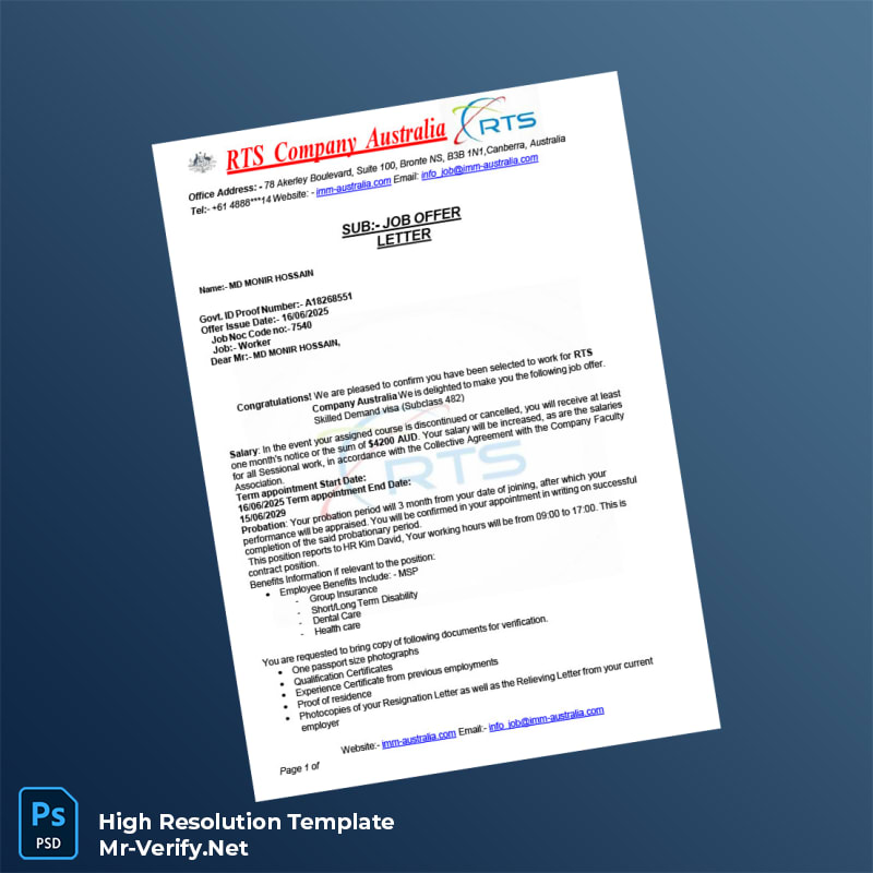 Editable Australia RTS Company Employment Confirmation Letter Word and Pdf Template 3 page Editable Australia RTS Company Employment Confirmation Letter Word and Pdf Template 3 page