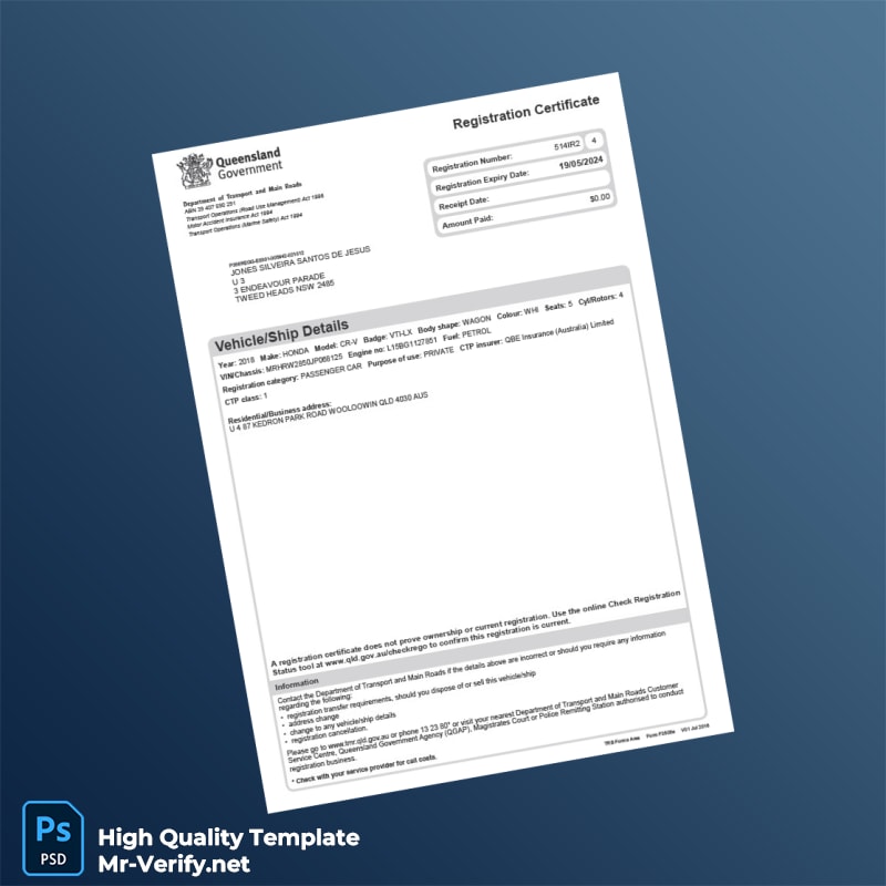 Australia Vehicle Registration Certificate Template in Word and PDF formats Australia Vehicle Registration Certificate Template in Word and PDF formats