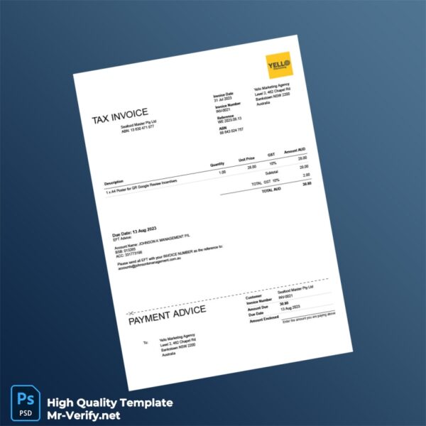 Australia Yello Marketing Agency Invoice Template in Word and PDF formats