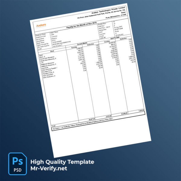 Avalara Technologies Private Limited payslip word and pdf template