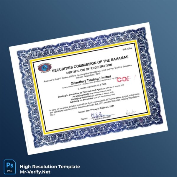 Bahamas Securities Commission Certificate of Registration Word and Pdf Template