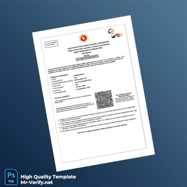 Bangladesh Chief Controller of Imports and Exports Import Registration Certificate Template in Word and PDF formats Bangladesh Chief Controller of Imports and Exports Import Registration Certificate Template in Word and PDF formats