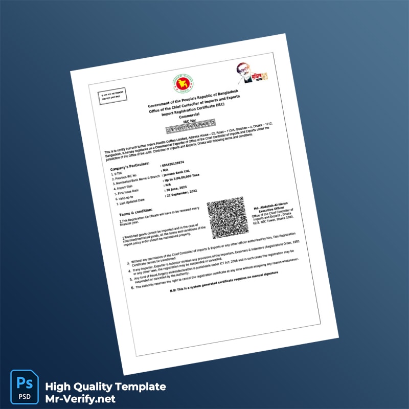 Bangladesh Chief Controller of Imports and Exports Import Registration Certificate Template in Word and PDF formats Bangladesh Chief Controller of Imports and Exports Import Registration Certificate Template in Word and PDF formats