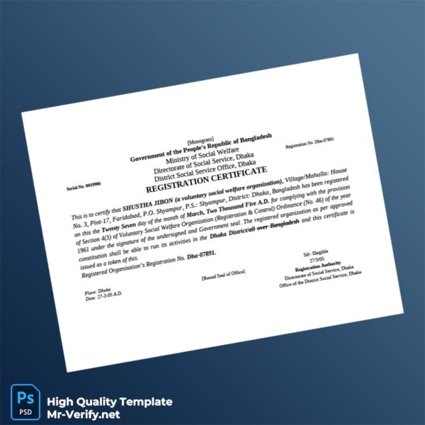 Bangladesh Directorate of Social Service Registration Certificate Template in Word and PDF formats