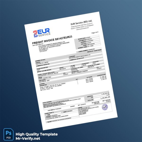 Bangladesh EUR Service BD Ltd Invoice Template in Word and PDF formats