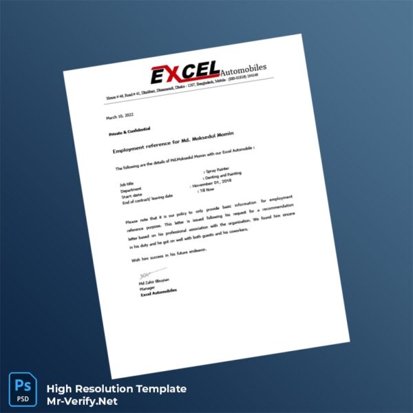 Editable Bangladesh Excel Automobiles Employment Verification Letter Word and Pdf Template