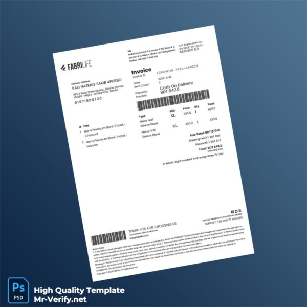 Bangladesh FabriLife Invoice Template in Word and PDF formats