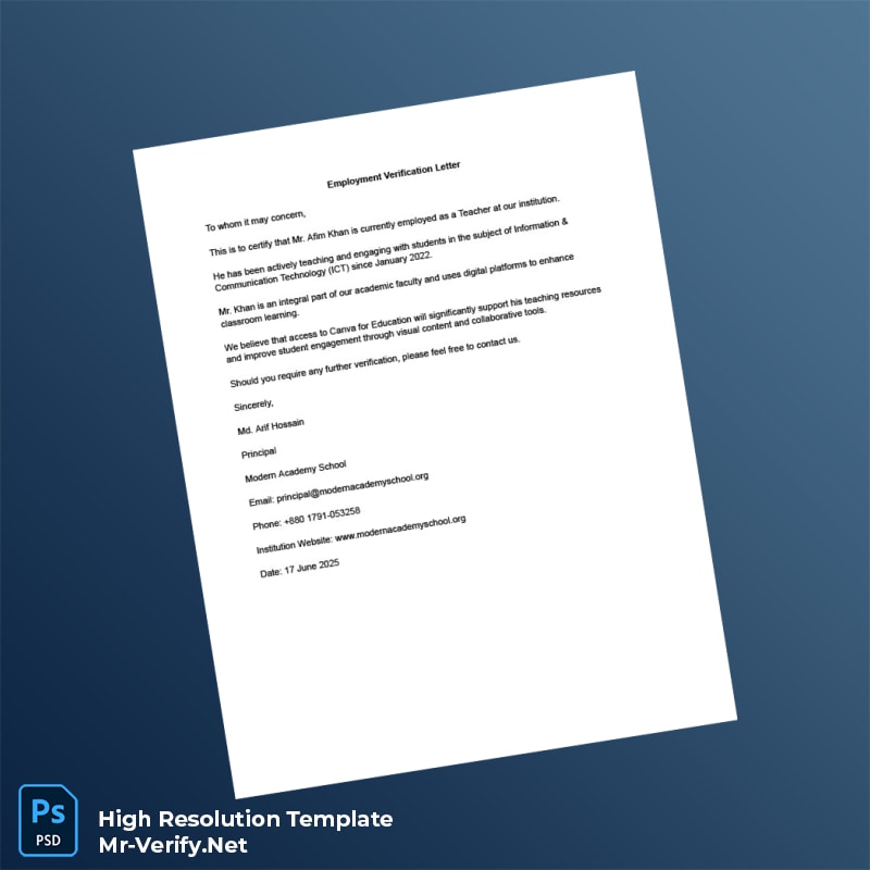 Editable Bangladesh Modern Academy School Employment Verification Letter Word and Pdf Template Editable Bangladesh Modern Academy School Employment Verification Letter Word and Pdf Template