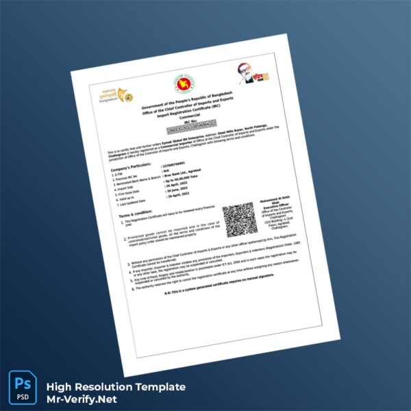 Bangladesh Office of the Chief Controller of Imports and Exports Import Registration Certificate Template in Word and PDF format Bangladesh Office of the Chief Controller of Imports and Exports Import Registration Certificate Template in Word and PDF format