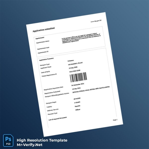 Editable Bangladesh Passport Registration Certificate Word and Pdf Template 2 page