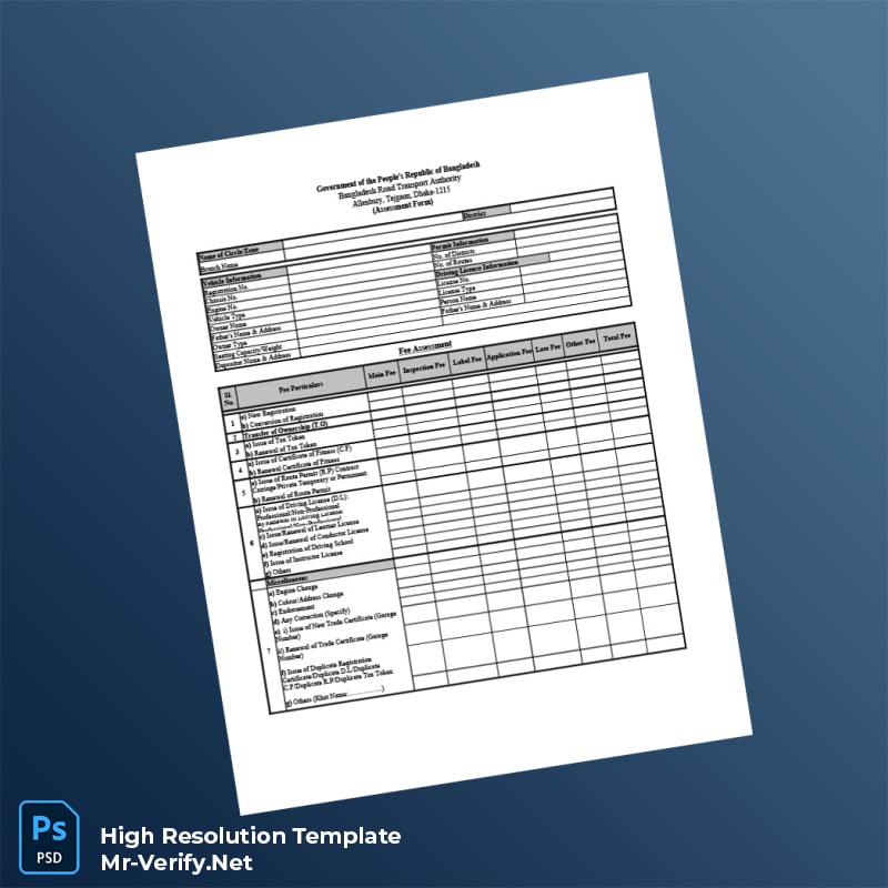 Editable Bangladesh Road Transport Authority Assessment Form Word and Pdf Template 3 page Editable Bangladesh Road Transport Authority Assessment Form Word and Pdf Template 3 page