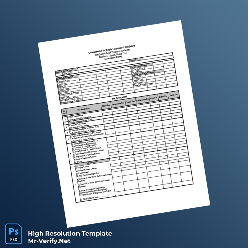 Editable Bangladesh Road Transport Authority Assessment Form Word and Pdf Template 3 page Editable Bangladesh Road Transport Authority Assessment Form Word and Pdf Template 3 page