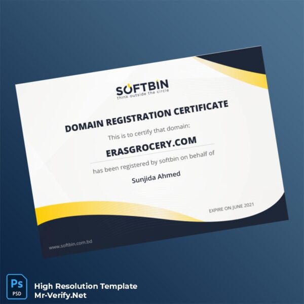 Editable Bangladesh Softbin Domain Registration Certificate Word and Pdf Template