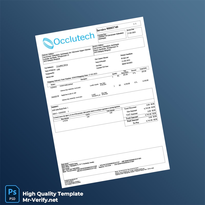 Belgium Occlutech International AB Invoice Template in Word and PDF formats Belgium Occlutech International AB Invoice Template in Word and PDF formats