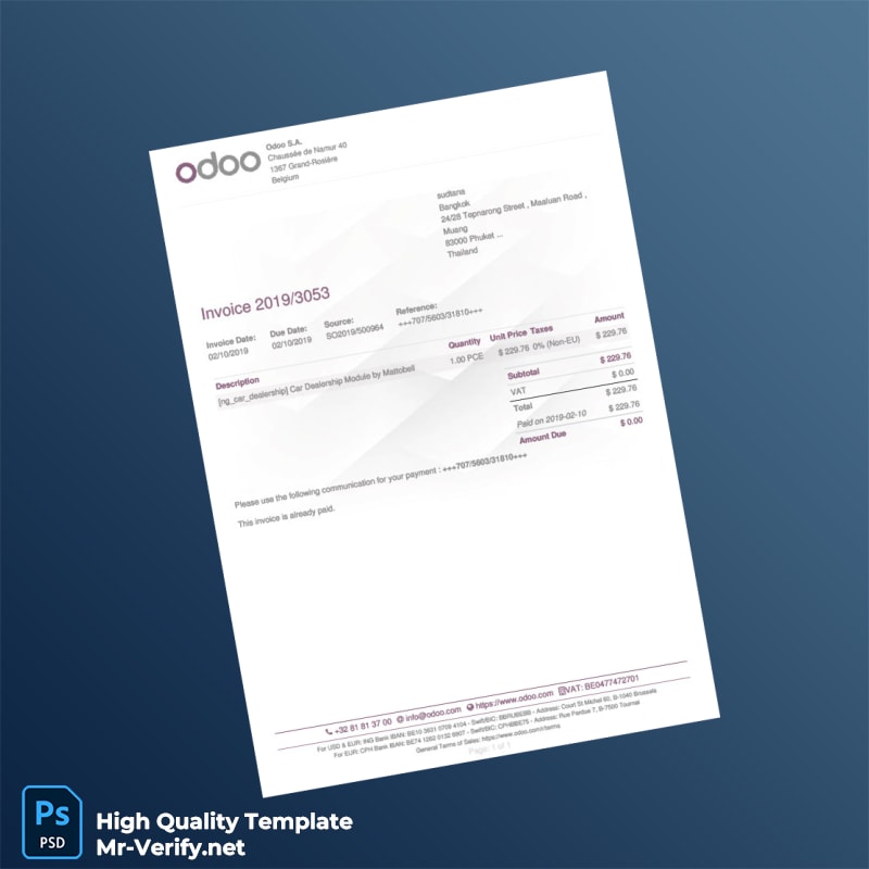 Belgium Odoo S A Invoice Template in Word and PDF formats Belgium Odoo S A Invoice Template in Word and PDF formats